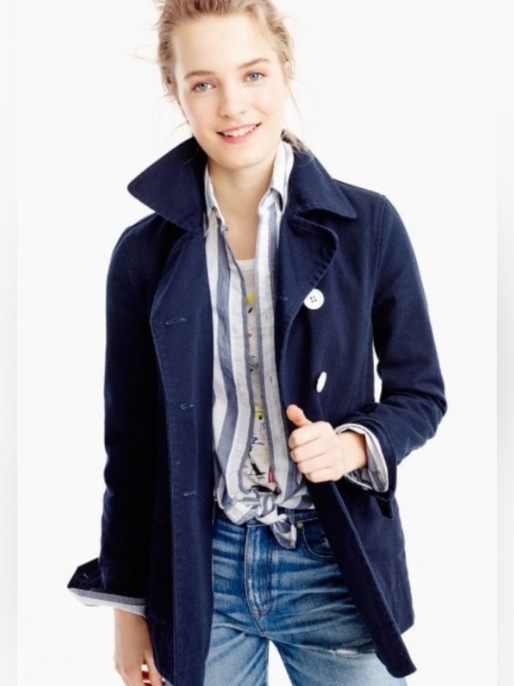 J. CREW • Navy/White Heavyweight Cotton Twill Double-Breasted Peacoat, 6 - Picture 3 of 14
